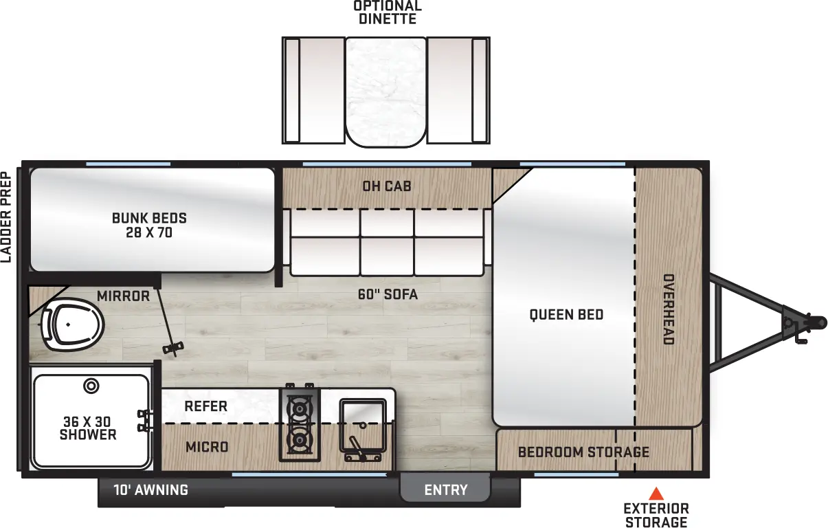 The 164BHX has no slide outs with one entry door on the door side, front storage, and 10 foot awning. Interior layout from front to back: side facing queen bed with cabinets overhead and door side bedroom storage, kitchen living dining area with 60 inch sofa and overhead cabinet on the off-door side, on the door side sink, stove and refrigerator with microwave and cabinets overhead. Bathroom located on the rear door side with shower and toilet only, bunk beds located on the rear off-door side. 